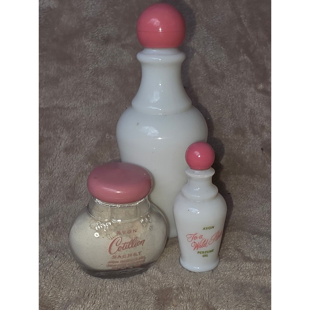 Vintage Avon Milk Glass Perfume Set Cotillion Sachet To a Wild Rose Decanter